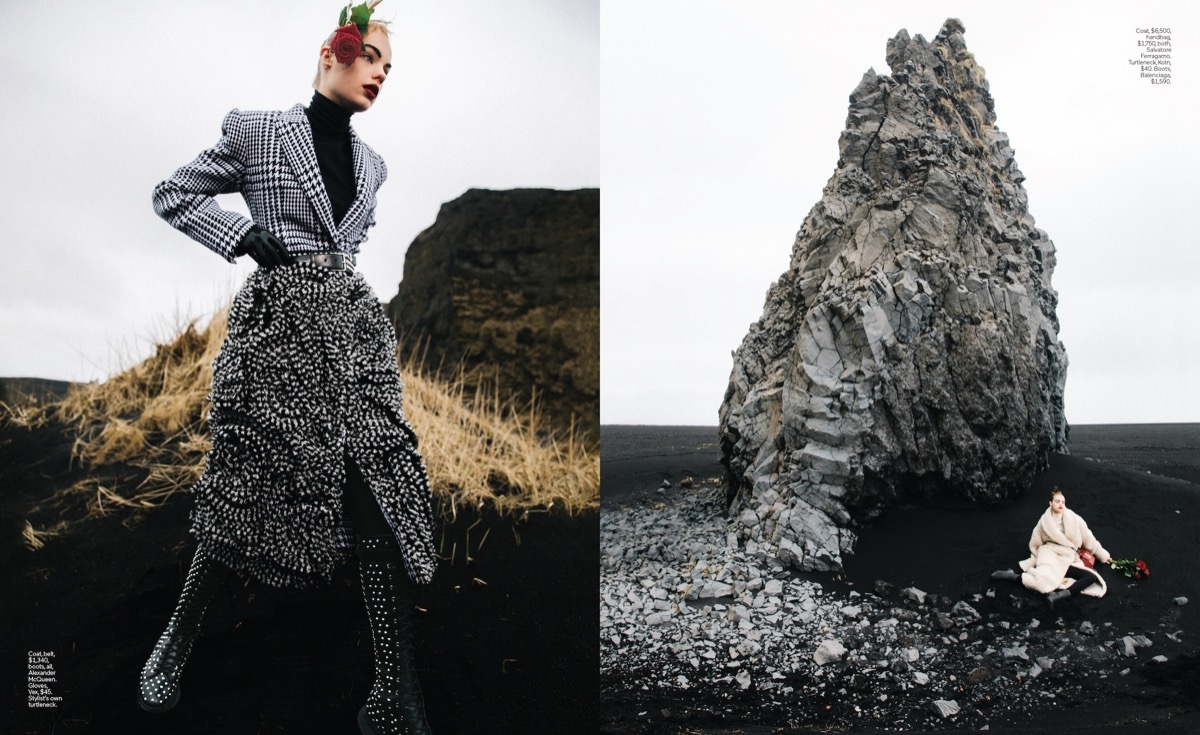 Very impressive story with Estella Boersma for Elle USA, shot at black beaches of beautiful Iceland, Photographer Cole Sprouse, Stylist Natasha Royt, Make-up Ciara O’Shea, Hair Mustafa Yanaz 