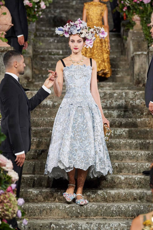 Romy Schönberger in the fairy tale Dolce & Gabbana Alta Moda show for Fall 2020 held in the spectacular Villa Bardini in Florence 