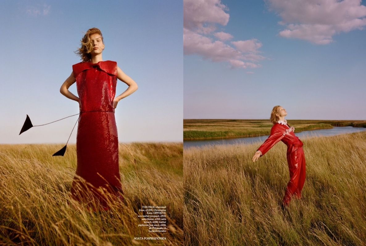 Red alert for Demy de Vries in Harpers Bazaar UK, Photographer Agata Pospieszynska, Stylist Charlie Harrington, Hair James Rowe, Make-up Polly Osmond 